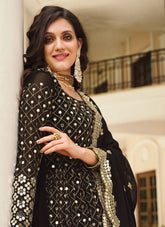 Black Designer Embroidered Georgette Front Slit Style Suit